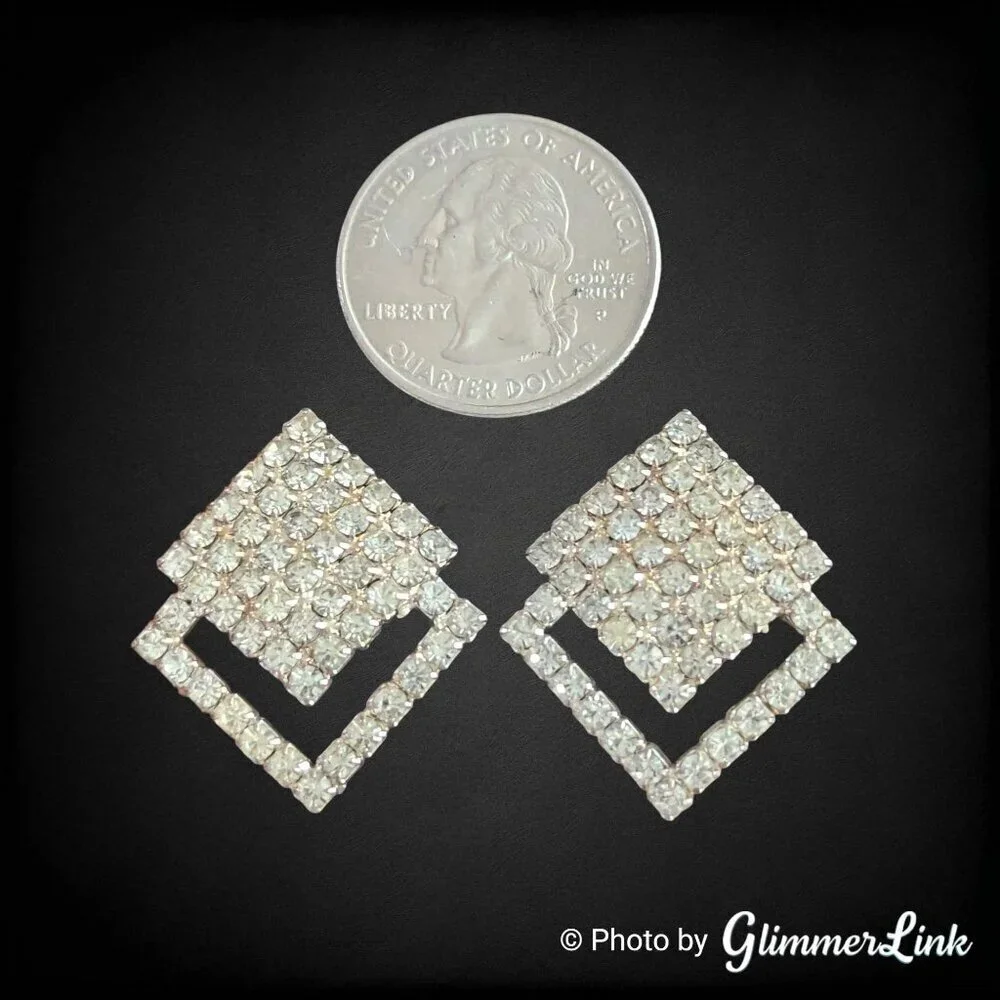 Vintage 70s Rhinestone Geometric Diamond Art Deco Style Clip On Earrings